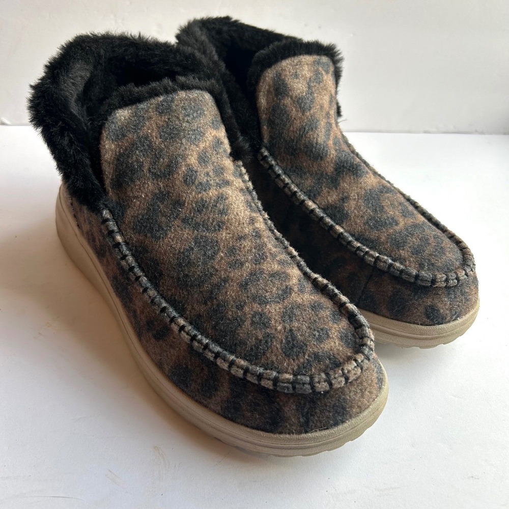 Hey Dude Denny Ankle Boots Womens 9 Beige EUC Booties Leopard Faux Fur Lined
